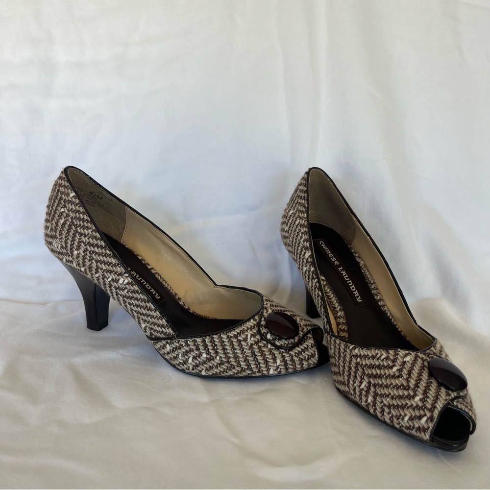 Chinese Laundry Brown Tweed Peep Toe Pumps Size 6.5